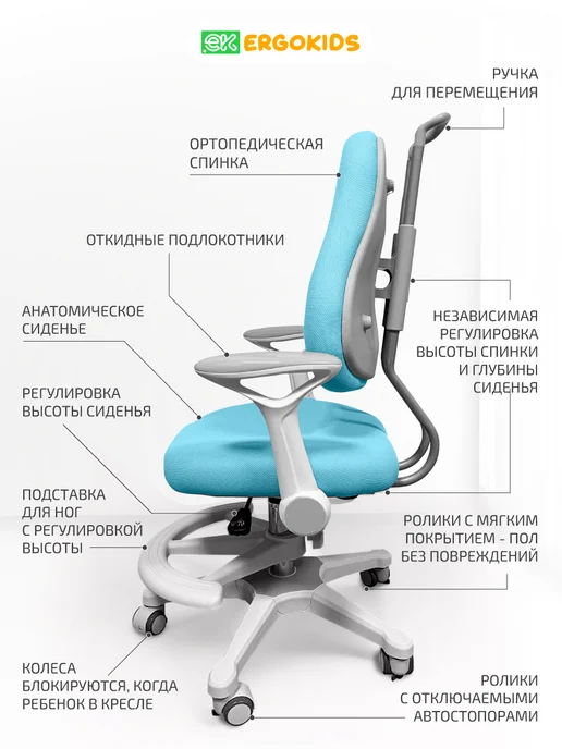 Ergokids Детское компьютерное стул кресло для школьника, голубой, фото 3