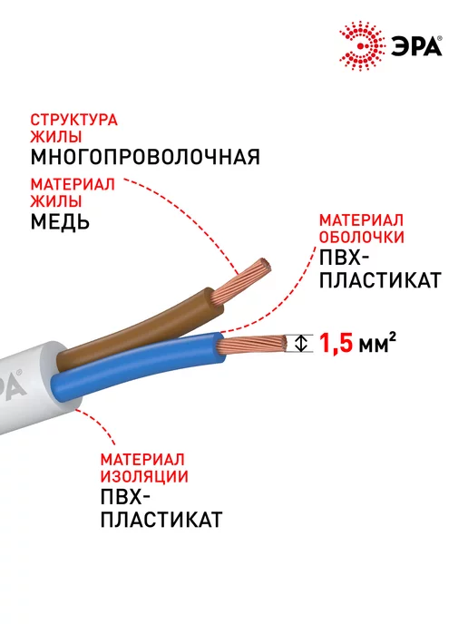 ЭРА Электрический провод ПВС 2х1,5 мм2 ГОСТ 50м белый, 2x1.5 мм, 50 м, фото 3