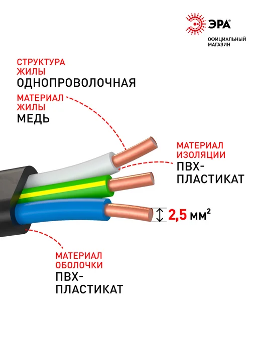 ЭРА Кабель ВВГ-Пнг(А)-LS 3х2,5 мм2 ГОСТ 100м, 3x2.5 мм, 100 м, фото 3