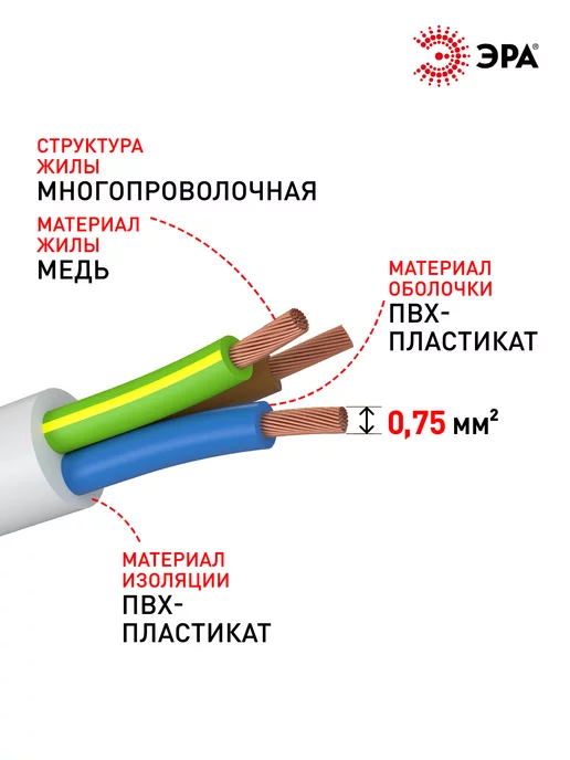 ЭРА Электрический провод ПВС 3х0,75 мм2 ГОСТ 5м белый, 3x0.75 мм, 5 м, фото 3