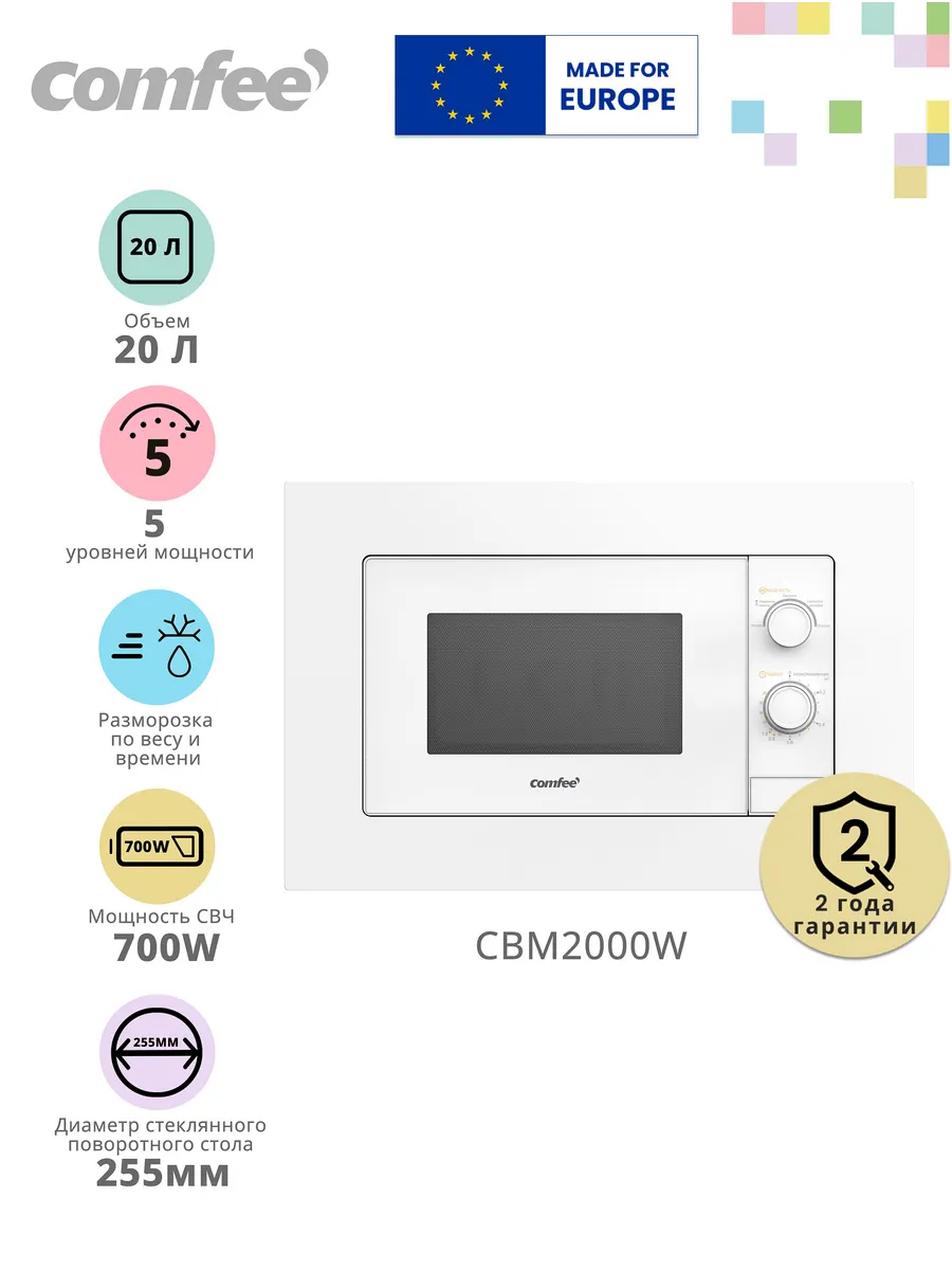 Встраиваемая микроволновая печь CBM2000W, 20 л, 5 мощностей