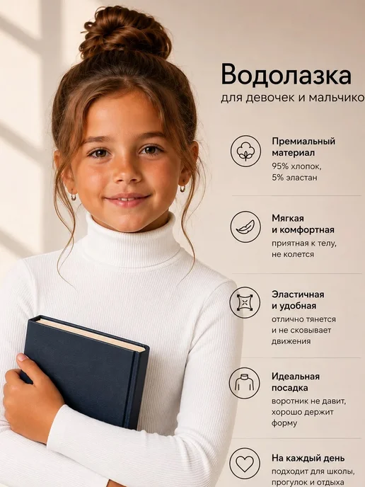 Ohana kids Школьная водолазка в рубчик, белый, фото 2