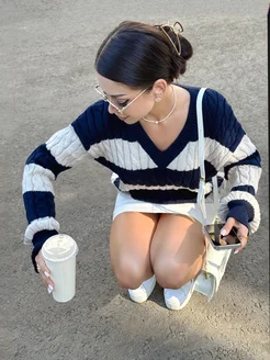 Вязаный свитер в полоску оверсайз