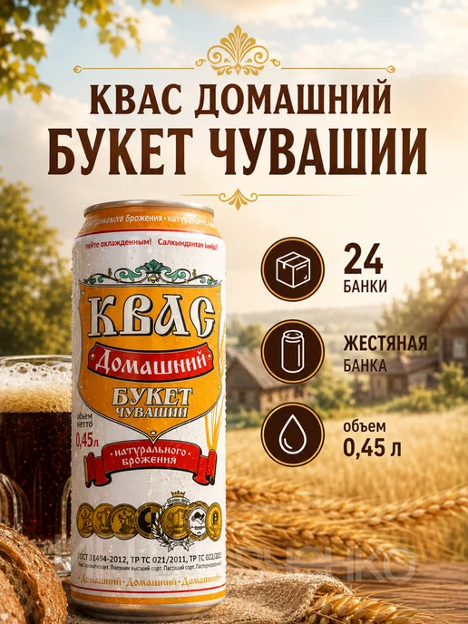 Букет Чувашии Квас Белый классический 1,5л 6шт, 0,45 л, 24 шт
