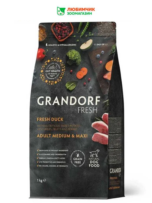 Сухой корм Grandorf' Живыми Пробиотиками для собак, утка, 1 кг