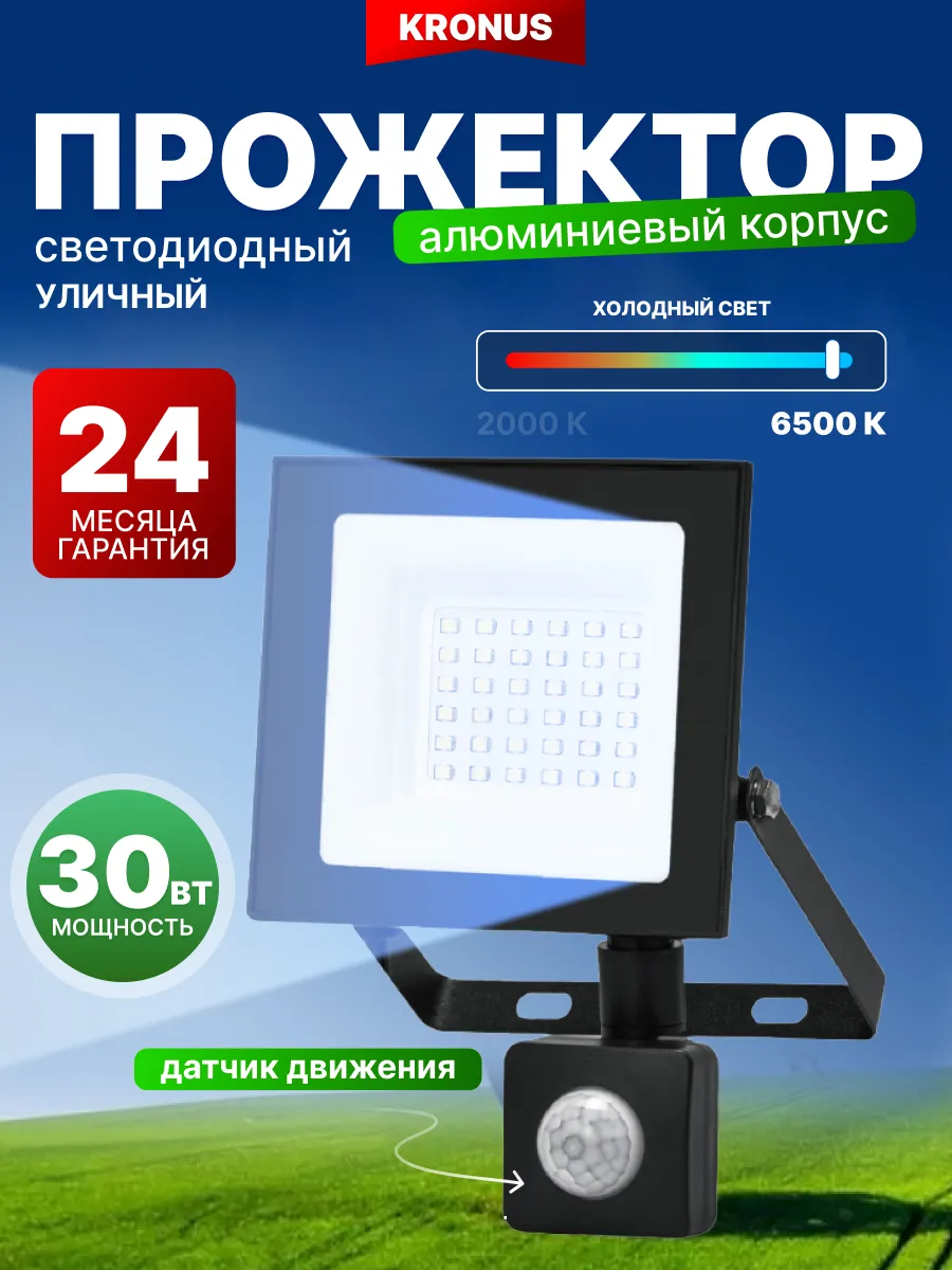 Прожектор светодиодный уличный 30Вт, 6500К, датчик движения