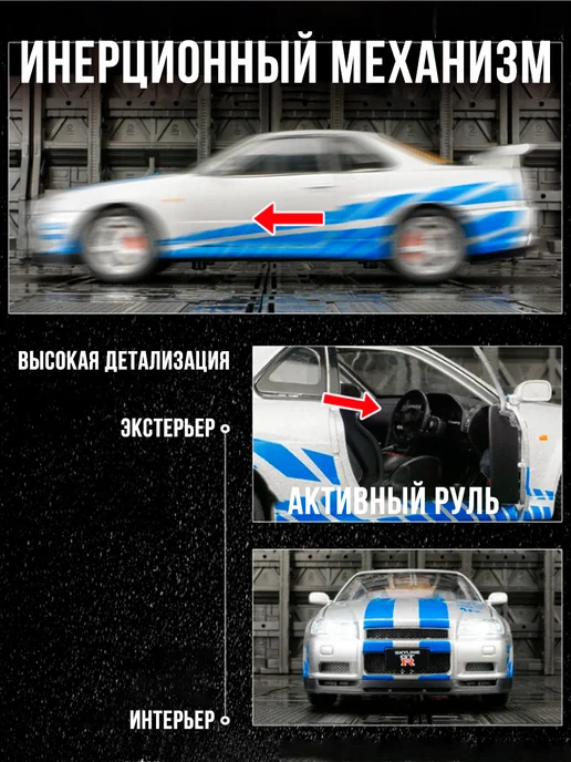 astrotoys Машинка металлическая Nissan Skyline GT-R в кузове R34, серый, фото 4