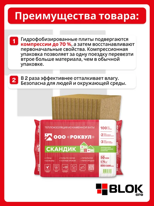Rockwool Лайт Баттс Скандик 50 мм (1 уп. 5,76 м2 12 плит), бежевый, фото 3