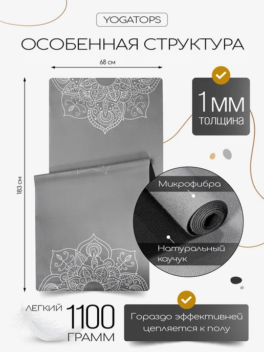 Yogatops Тонкий легкий тревел коврик для йоги с чехлом, серый, фото 2