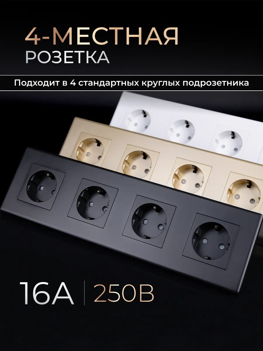 Розетка четверная черная с заземлением и шторками
