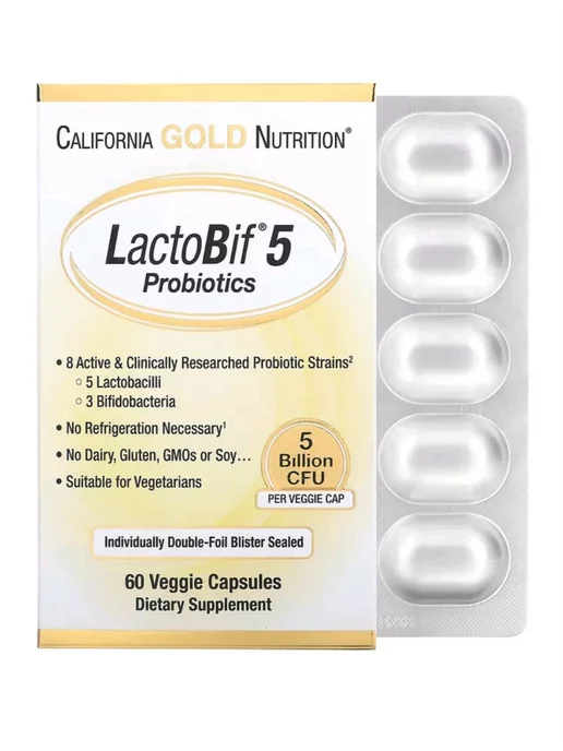 California Gold Nutrition LactoBif5, пробиотики для пищеварения 60 вегкапсул