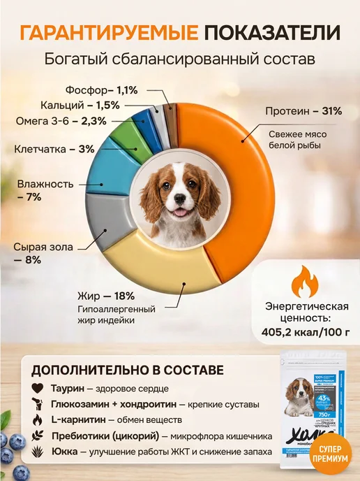 Сухой корм ХОЛКА для собак, крупные, средние, щенки, рыба, 0,75 кг, фото 2