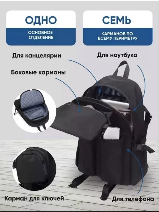 отличный Портфель школьный рюкзак много карманов, черный, фото 2