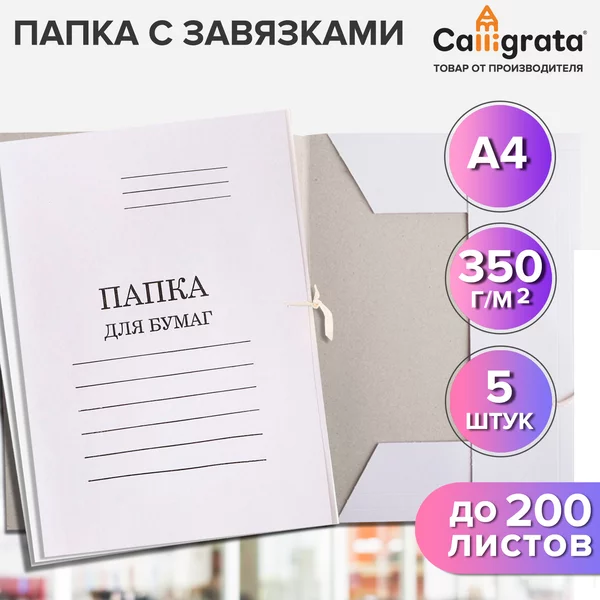 Набор папок для бумаги с завязками, 350г/м2, 5 шт.