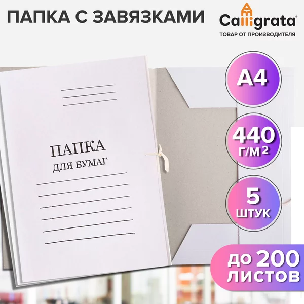 Набор папок для бумаги с завязками, 440г/м2, 5 шт.