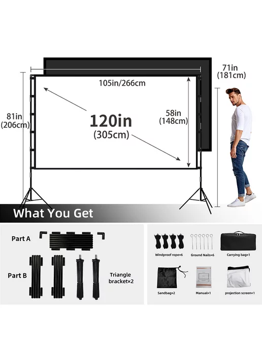 GAINVANE 120" экран для проектора с двойной подставкой на черном фоне, черный, фото 2