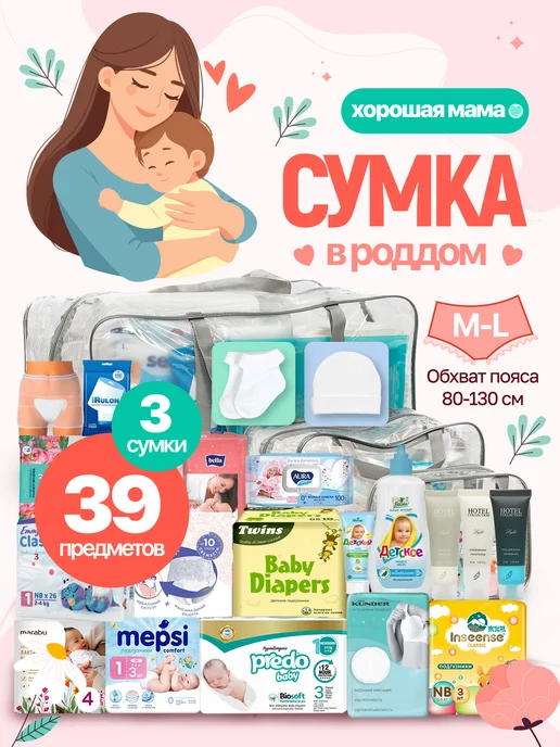Хорошая Мама Готовая сумка в роддом для малыша и мамы с одеждой ML, 39 шт