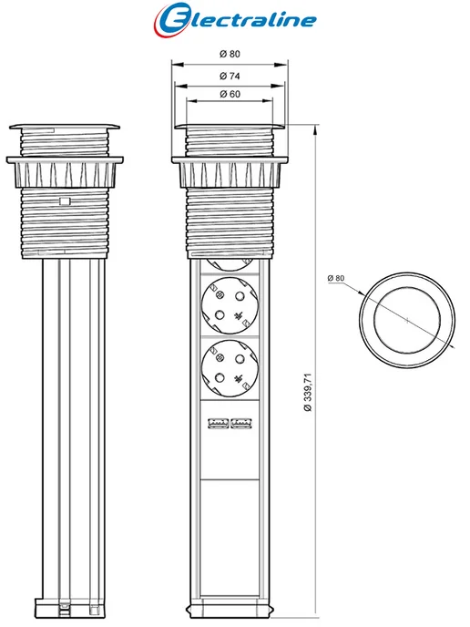 Electraline Розетка встраиваемая в столешницу с USB удлинитель сетевой, черный, фото 8