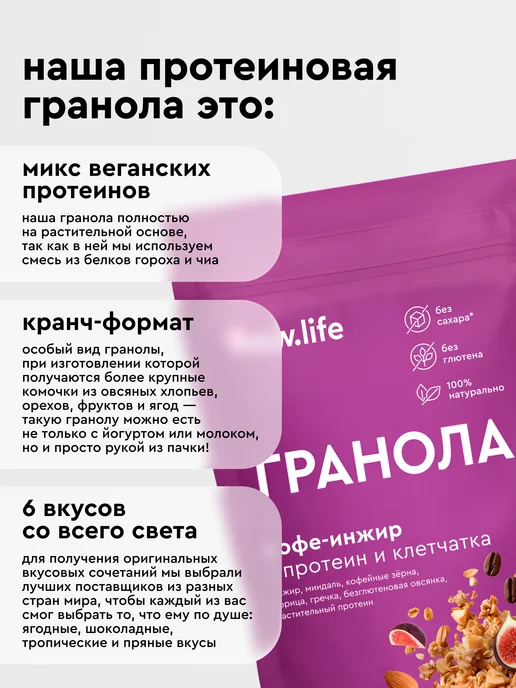 R.A.W.LIFE Гранола без сахара протеиновая Кофе-Инжир 220гр, 3 шт, фото 3