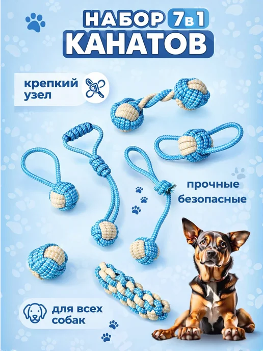 Усатый Рекс Набор канатных игрушек для собак, голубой