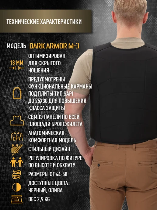 IRON TACTICA Бронежилет скрытого ношения БР2, защита от осколков, пуль, черный, фото 6