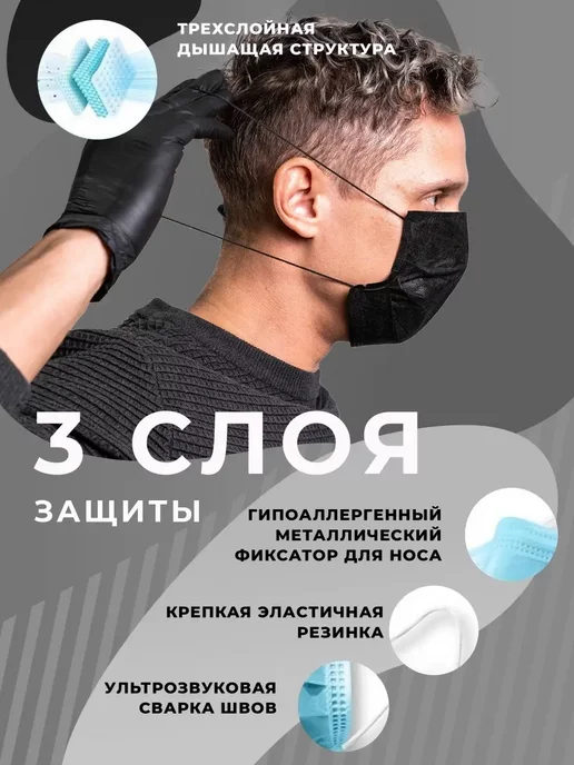 3Маски Маска медицинская трехслойная для лица 100 шт, черный, фото 2