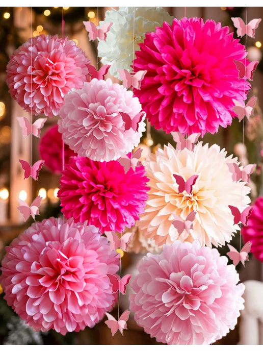Happy poms Бумажные помпоны для праздника и гирлянда бабочки, розовый, фото 2
