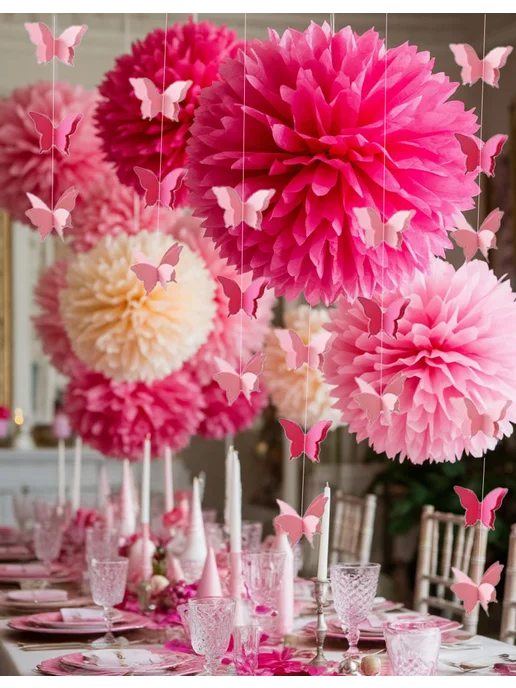 Happy poms Бумажные помпоны для праздника и гирлянда бабочки, розовый, фото 3