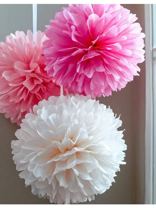 Happy poms Бумажные помпоны для праздника 35см, 25см, в наборе 6 шт, белый, фото 2