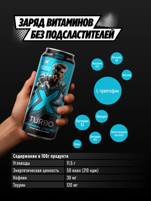 X-TURBO Энергетический напиток "Оригинальный", 450 мл х 12 шт, 450 мл, 12 шт, фото 3