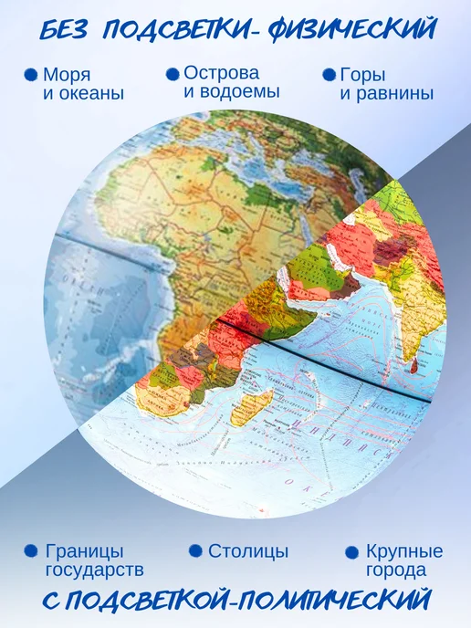Globen Глобус Физико-Политический 25 см, рельеф и подсветка, VR, 21, фото 4