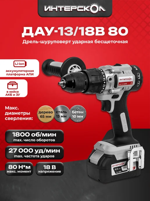 ИНТЕРСКОЛ Ударная аккум дрель-шуруповерт дау-13 18В 80 786.4.1.70, серый