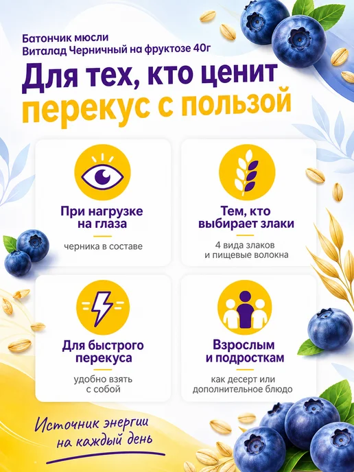 Виталад Батончик мюсли Черничный на фруктозе 40г, 3 шт, 40 г, 3 шт, фото 2