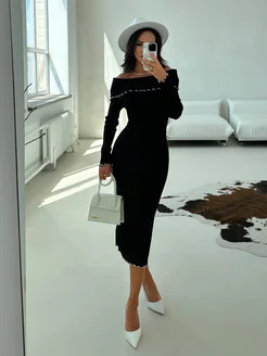 Платье вязаное трикотажное с опущенными плечами Alyaska Clothes 244017494 купить за 3 396 ₽ в интернет-магазине Wildberries