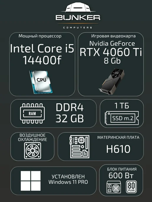 Bunker Comp Игровой компьютер RTX 4060ti intel i5 14400f 32gb ssd 1tb, 32 ГБ, 1 ТБ, фото 2