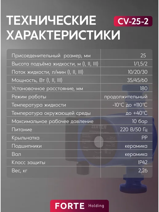 ZERTEN Насос циркуляционный для отопления CV-25 6, вариант, фото 8