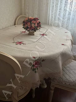 Скатерть лен с кружевами и вышивкой овал 150х220см AYA BOUTIQUE 244892118 купить за 2 384 ₽ в интернет-магазине Wildberries