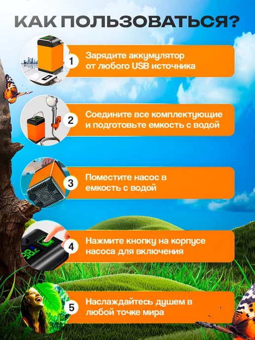 IDONEUS Походный душ портативный для дачи 7800Mah, 7800 мАч, фото 4