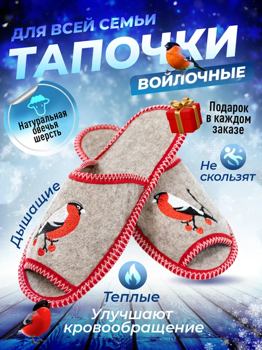 Экотека Войлочные тапочки домашние натуральные с вышивкой, серый