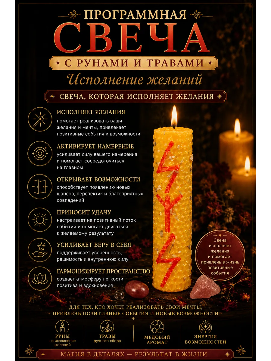 Магическая свеча с травами и рунами исполнение желаний