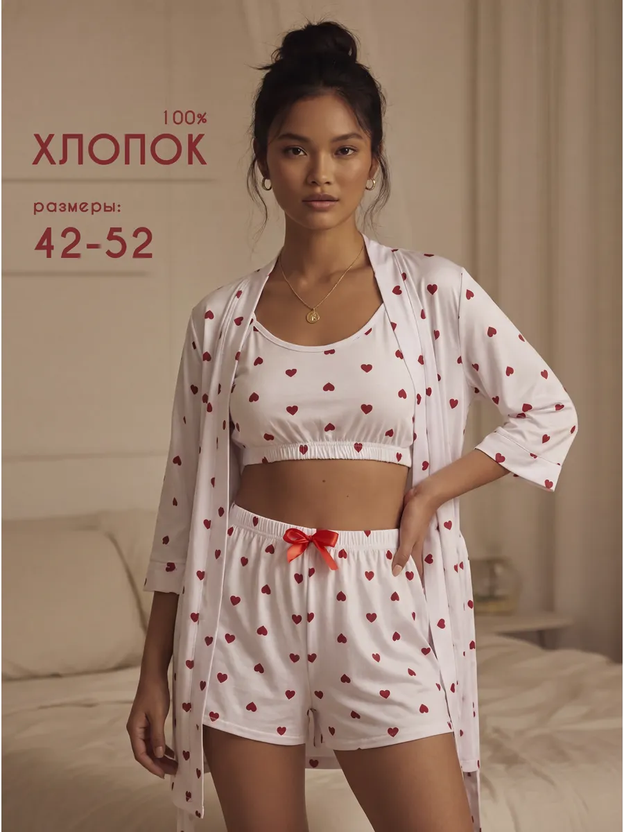 Пижама тройка с халатом с шортами хлопок