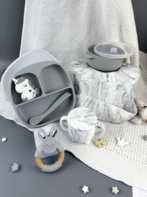 BABY WOODS Набор детской силиконовой посуды для кормления, белый, фото 2