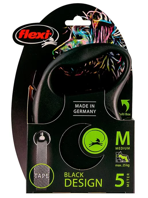 Flexi Рулетка для средних собак до 25 кг Black Design M лента 5 м, 25 кг, 5 м, фото 2