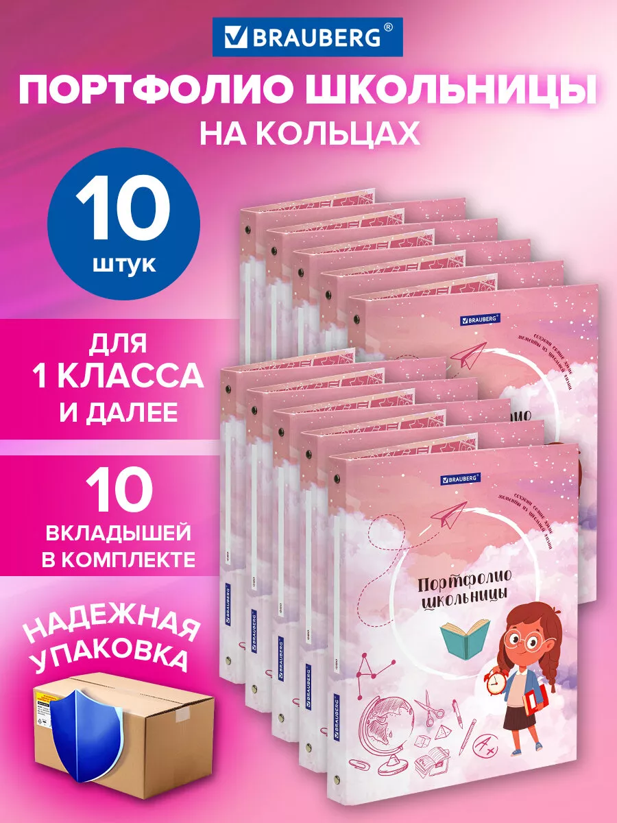 Портфолио школьника, папка А4 на кольцах 10 шт, 10 вкладышей