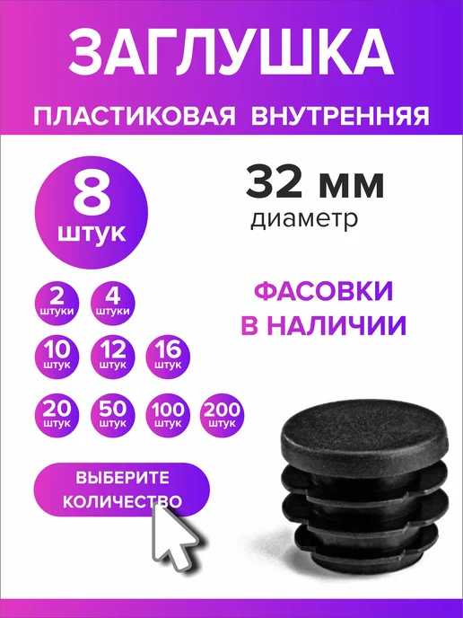 Всё для дома+ Заглушка для круглой трубы диаметр 32 мм, 8 штук, черный
