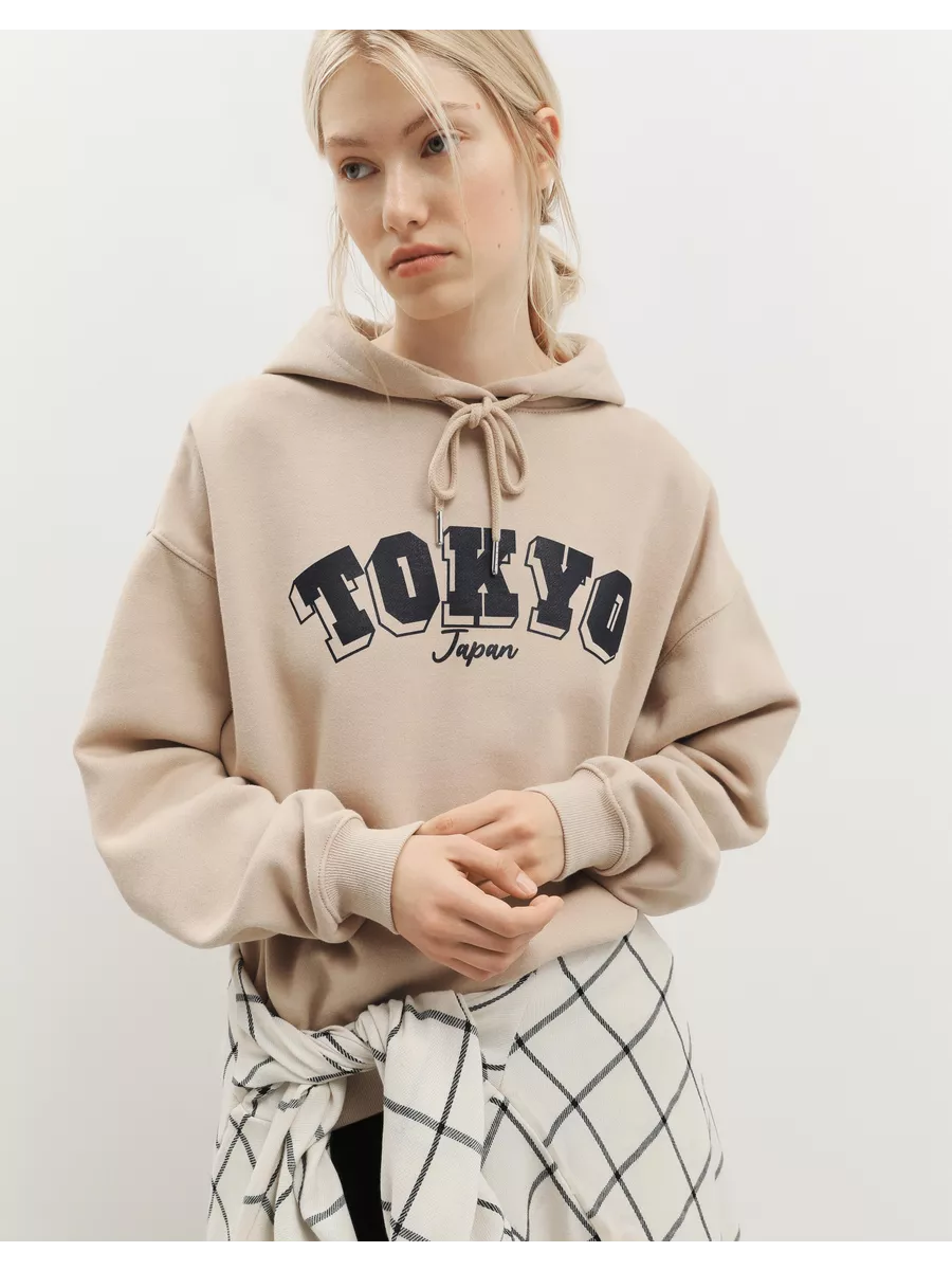 Бежевое худи oversize с принтом