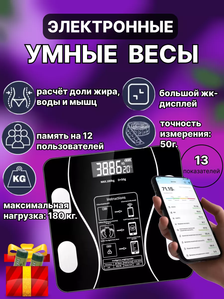 Весы напольные электронные с приложением для дома 180 кг
