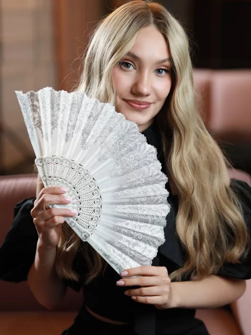 asiaveershop Веер тканевый блестящий белый, белый, фото 2