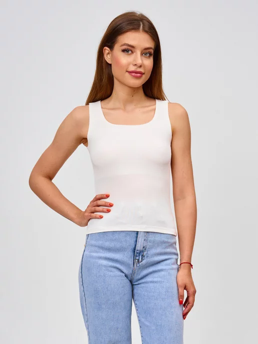 Selima shop Базовая майка топ спортивная для фитнеса под пиджак в рубчик, белый, фото 2
