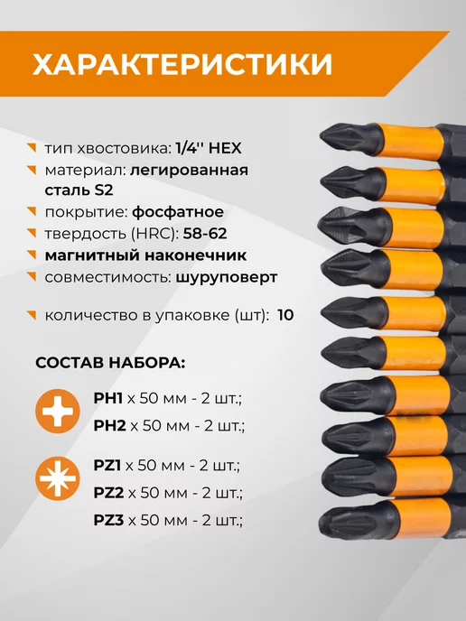 Набор бит для шуруповерта магнитные S2 PH PZ x 50 мм 10 шт 5 наконечников RAGE by VIRA, 10 шт, фото 2